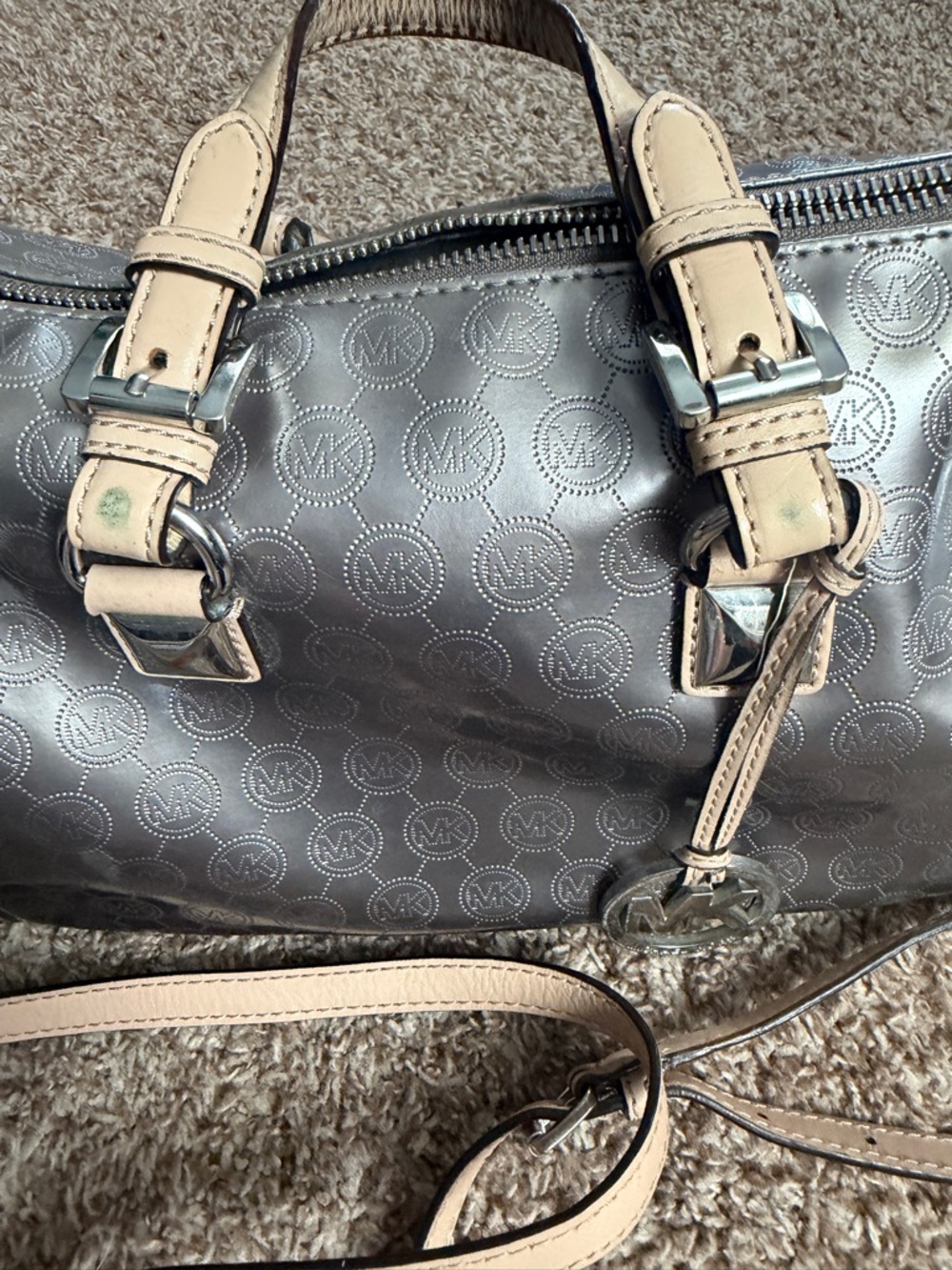 Michael Kors Silver Satchel with Beige Leather Trim